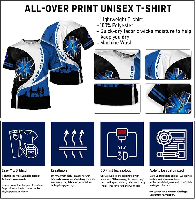 Personalized EMT 3D Shirt, EMT 3D Hoodie, 3D EMS Hoodies for Men, Medical Uniforms EMS Shirt, Emergency Medical Service Shirt