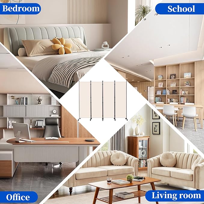 Room Divider 6FT Room Partition with Lockable Wheels, (Thicked Metal Base) Room Dividers, Freestanding Indoor Folding Privacy Screens, Portable Fabric Wall Divider for (Beige, 88"- 4 Panel)