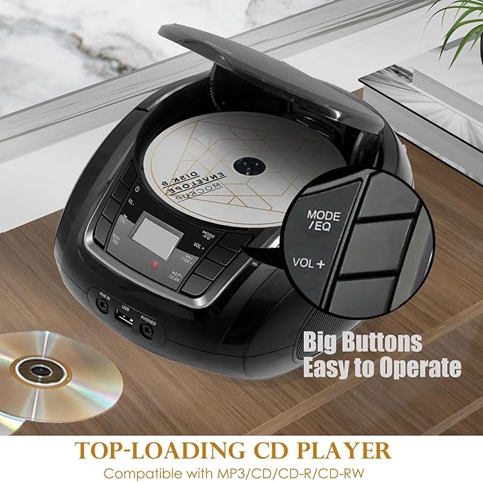 LONPOO CD Player Portable Boombox with FM Radio/USB/Bluetooth/AUX Input and Earphone Jack Output, Stereo Sound Speaker & Audio Player,Black