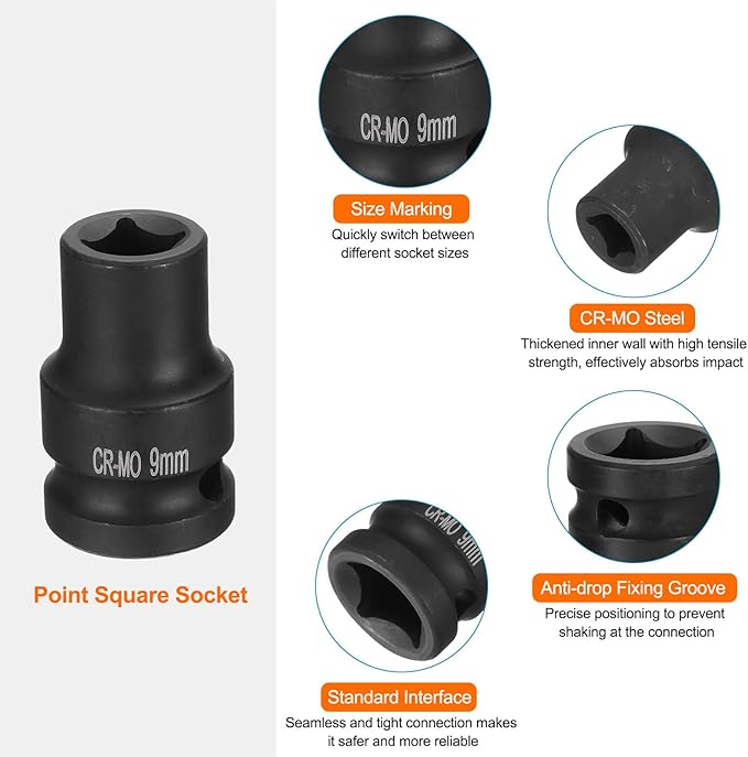 HARFINGTON 4 Point Square Socket 1/2" Drive 9mm Metric Square Impact Socket CR-MO Blackening Standard Wheel Sockets Pneumatic Socket Tool for Auto Repair Mechanical Maintenance Home Use