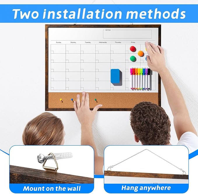 Dry Erase Calendar Whiteboard, 24" x 18" Magnetic Whiteboard Cork Board Combo, Reusable Monthly Planner with 8 Markers, Eraser, Magnets and Pushpins, Hanging Dry Erase Board for Home, School - Brown