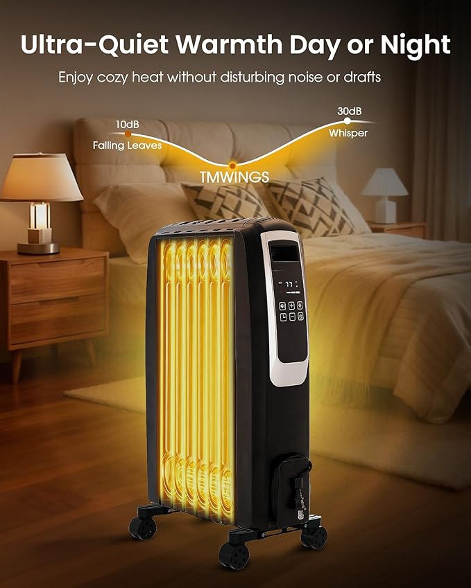 Oil Filled Radiator Heater, Electric Radiant Heaters for Indoor Use Large Room, Portable Space Heater with ECO Mode, Quiet Heating with Remote Control, 24H Timer, Tip-over & Overheat Protection