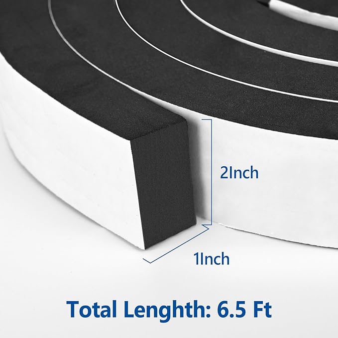 Self Adhesive Foam Tape Weatherstrip 2In x 1In x 6.5Ft High Density Foam Insulation Strips Foam Seal Weather Stripping with Strong Adhesive for Door and Window Sound Isolation Soundproofing