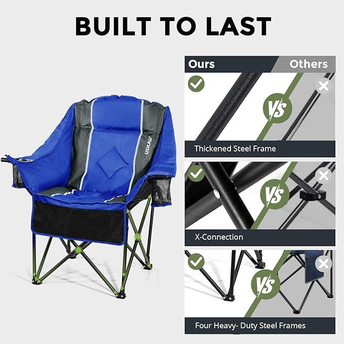 Oversized Folding Camping Chair for Adults Heavy Duty Padded Outdoor Chairs Big and Tall XL Picnic Chair with Cup Holders 400lb Capacity, Comfy for Lawn Sports and Outside Use