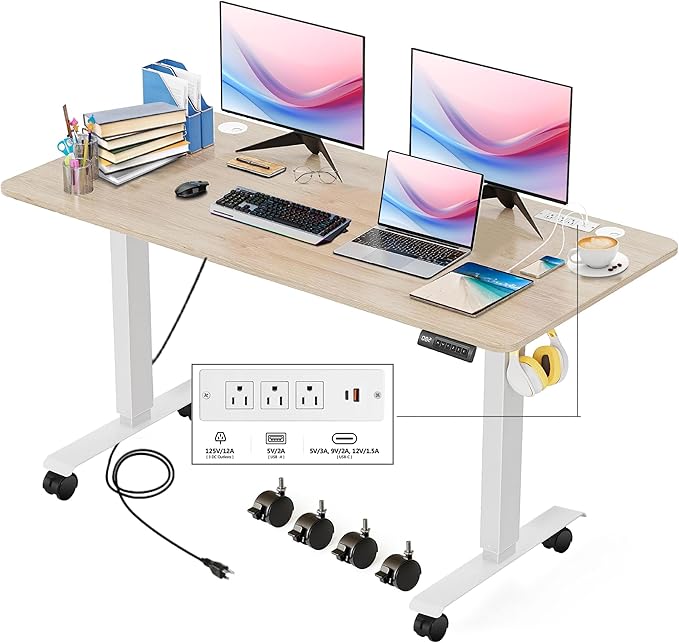 Electric Standing Adjustable Height Desk 48'' x 24''Sit Stand Desk with Charging Station, 2 USB Ports, 3 Power Outlets, 27''-46'' Lifting Range Computer Workstations(Oak)