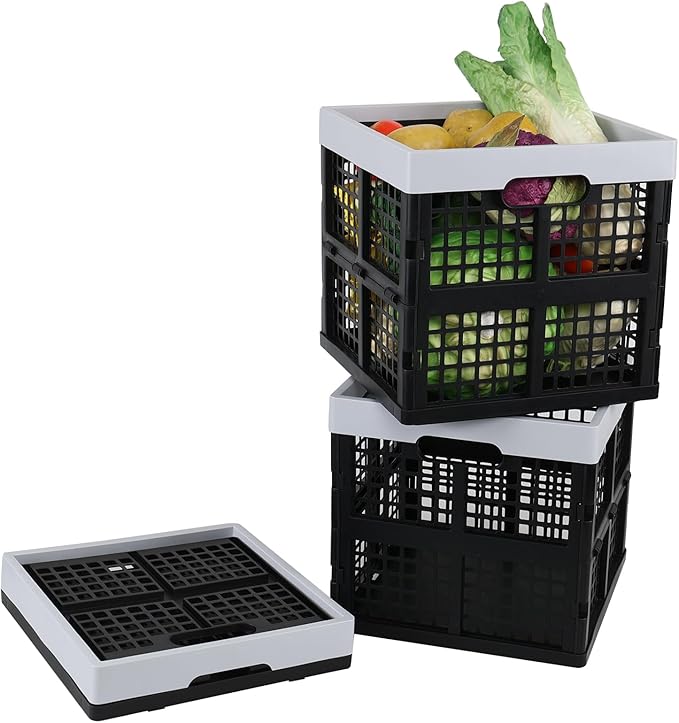 18 L Collapsible Storage Crate, 3 Pack Plastic Stackable Storage Milk Crates, Black, F