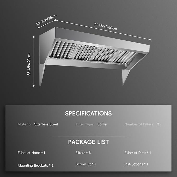 8FT Commercial Kitchen Exhaust Hood, Wall Mount Stainless Steel Vent Hood with 2 Detachable u-Shaped Filters, Rust-Resistant Food Truck & Restaurant Range Hood for Concession Trailer Cooking Station