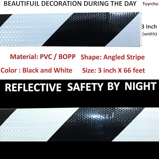 Black White Reflective Tape Outdoor Waterproof 3 inch Wide, High Visibility Conspicuity Industrial Marking Tape (66 feet)
