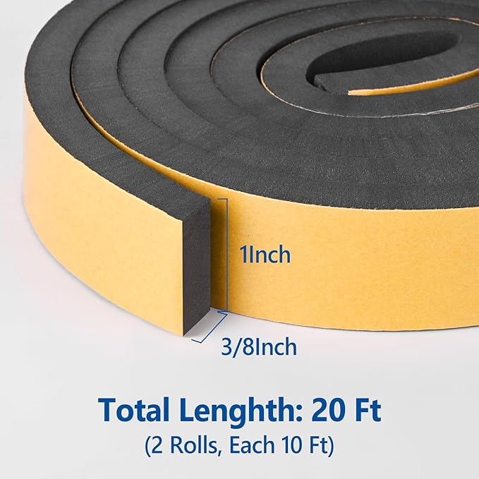 Self Adhesive Foam Tape Weatherstrip 1in x 3/8in x 20Ft High Density Foam Insulation Strips Foam Seal Weather Stripping with Strong Adhesive for Door and Window Sound Isolation Soundproofing