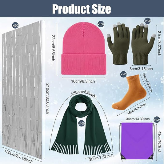 600 Pcs Homeless Care Package Supplies Bulk Winter Emergency Blankets Beanies Hat Gloves Scarves Socks Drawstring Bags for Men Women Cold Weather Camping Outdoor Survival Kit (10 Colors)