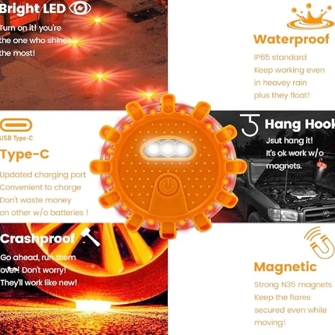 LED Road Emergency Light, 3 Pack Magnetic Warning Lights with 9 Modes 850mAh Battery Type C Charging Emergency Flares for Vehicles