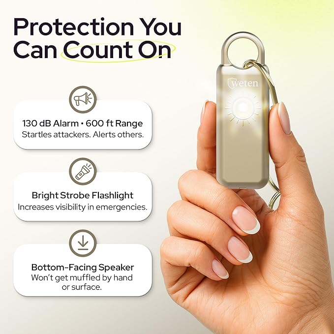 Weten Personal Safety Alarm Keychain – 130dB Siren with Bottom Speaker, LED Light, Wristlet & Carabiner Clip – Weatherproof Self Defense Alarm with Low Battery Alert (Gold Satin)