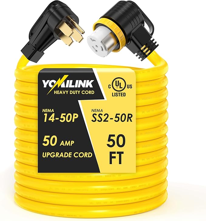 50 Feet 50 Amp RV/Generator Cord, UL Listed, 100% Copper Wire, NEMA 14-50P to SS2-50R Twist Lock, Newly Designed 90°Grip Handle, 6/3+8/1 Gauge STW Wire
