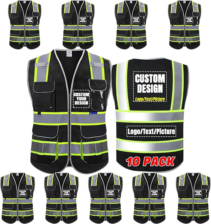 BeautyWill 10 Pack Custom Logo Safety Vest ANSI Class 2 High Visibility Reflective Vest Personalized Construction Vest Bulk