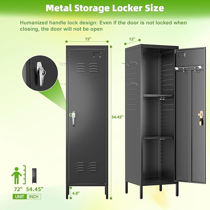 Aobabo Metal Locker, 54" H Metal Storage Locker for Employees, Lockable 1 Door with Towel Rack and 2 Side Pegboards with Hooks for School Office Gym Home, Assembly Required (Black)