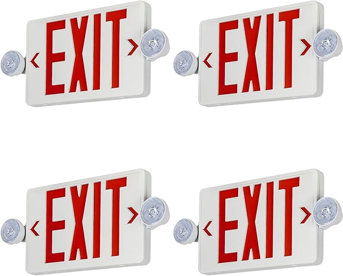 Exit Sign with Emergency Light, Commercial Exit Signs，Red Emergency Exit Light, 2 Adjustable Heads,Combo for Business, 120V/277V AC, UL-Listed, 4 Pack