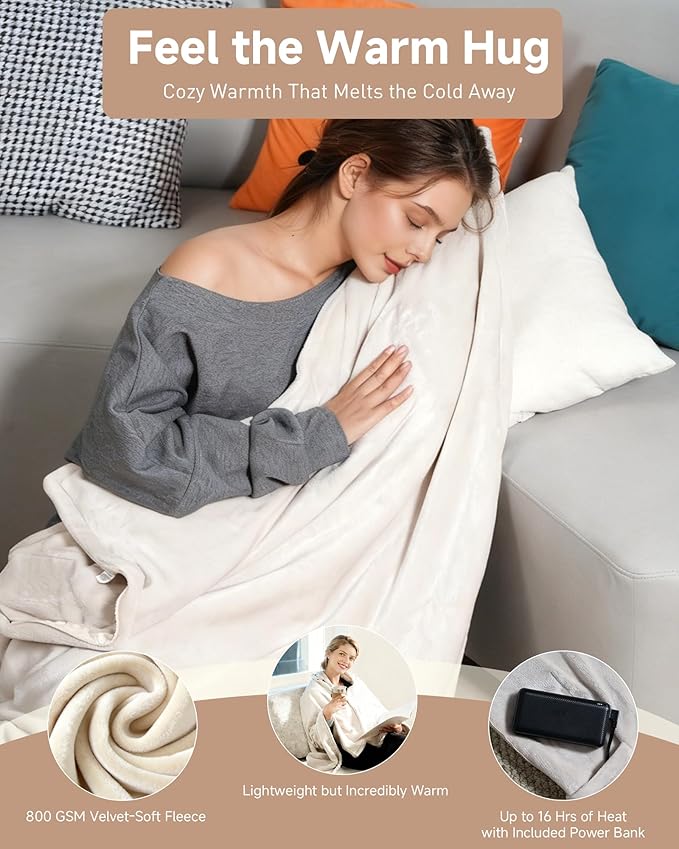 Cordless Heated Blanket with Hood, USB Battery Powered Heated Wearable Blanket with 9 Heating Zones, 20000 mAh Power Bank, 3 Levels, Portable Heated Throw Blanket, Heated Shawl