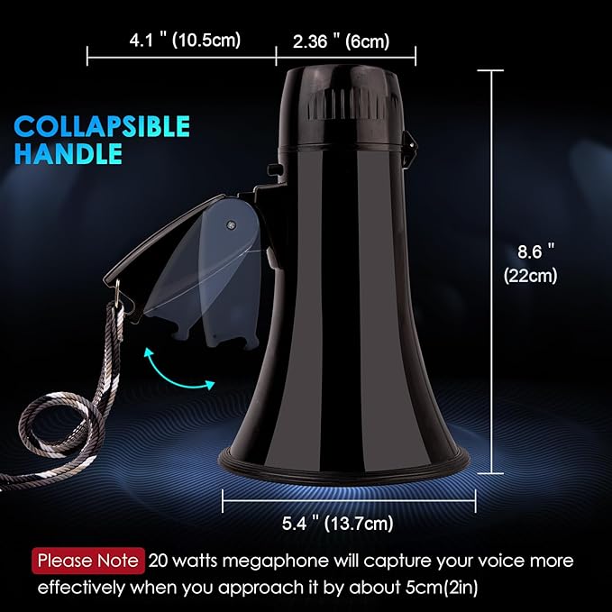 MyMealivos 20w Megaphone Speaker Portable Voice Changer Bullhorn with 6 Different Sound Effects & Built-in Siren and Record & Adjustable Volume Loud Speaker for Outdoor Sports, Party-Black