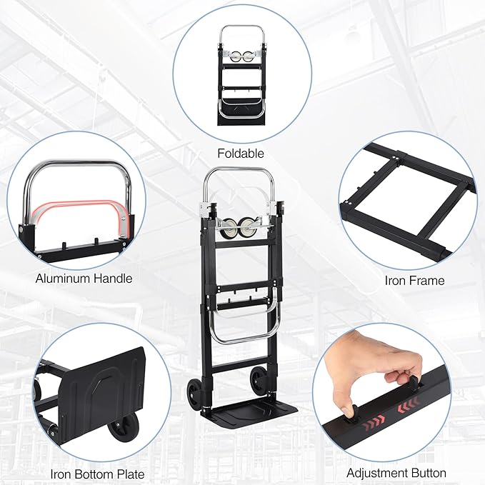 RedSwing Hand Truck Dolly Foldable,Folding Convertible Hand Truck with 4 Wheels,2 in 1 Heavy Duty Dolly Cart for Moving Luggages,Garage,Home,500 Lbs