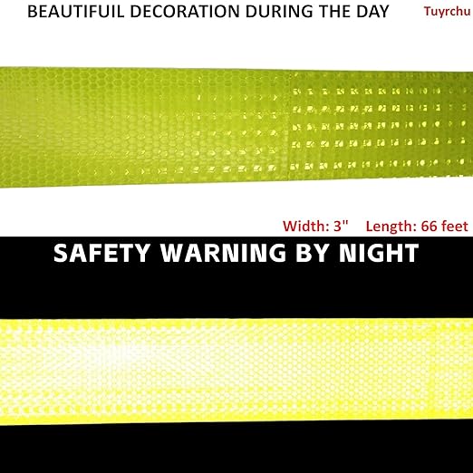 Fluorescent Yellow Reflective Tape Outdoor Waterproof 3 inch Wide for Cars, High Visibility Safety Adhesive Stickers Strips (66 feet)