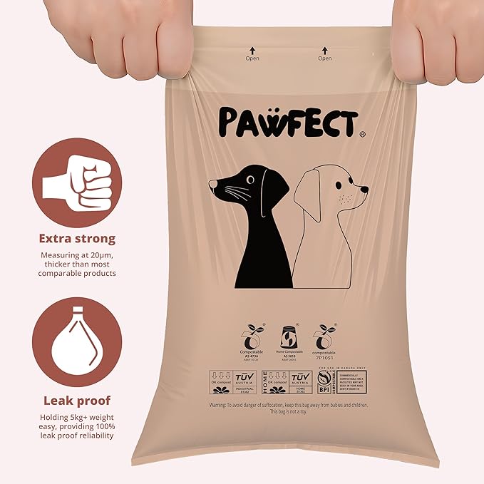 Pawfect Dog Poop Bags Rolls – Home Compostable Doggie Bags, Compostable Dog Waste Bags, BPI Certified Pet Waste Bags, Unscented, Large, Puppy Poo, Earth Friendly, Bolsas de Basura (240 Counts)