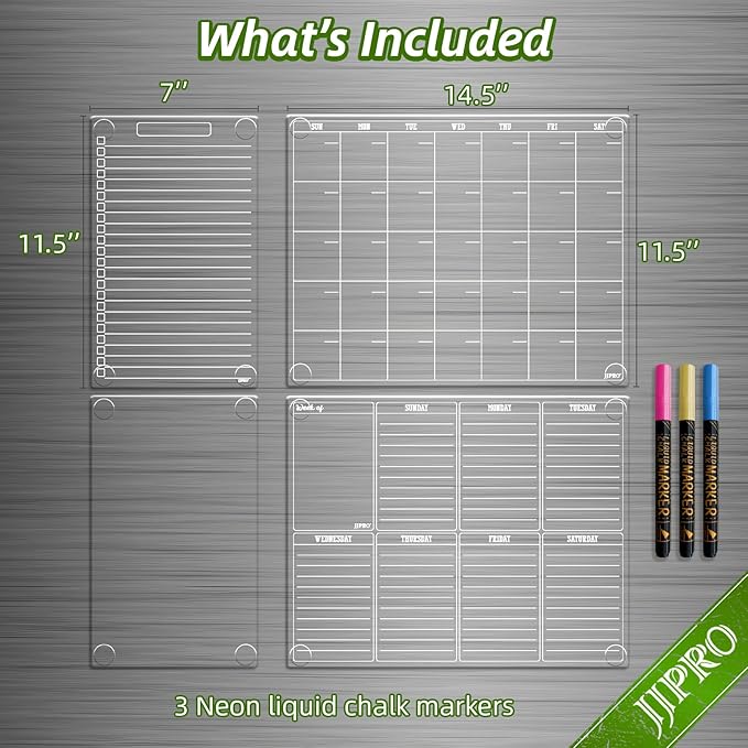 JJPRO Non Magnetic Dry Erase Calendar for Fridge-Reusable Monthly&Weekly Planning Board, List and Blank Board for All Smooth Surfaces. Clear Reusable Board Sticks to Fridge,Wall,Door&Glass