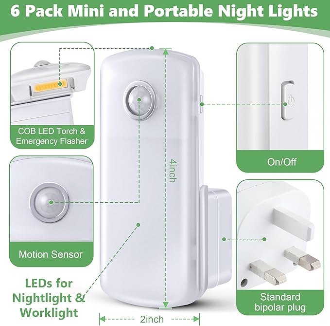 Enhon 6 Pack Emergency Power Failure Night Lights, Motion Sensor Night Light, Automatic Dusk to Dawn, Emergency Lights for Home, Bedrooms, Hallways, Black Outs, Rechargeable