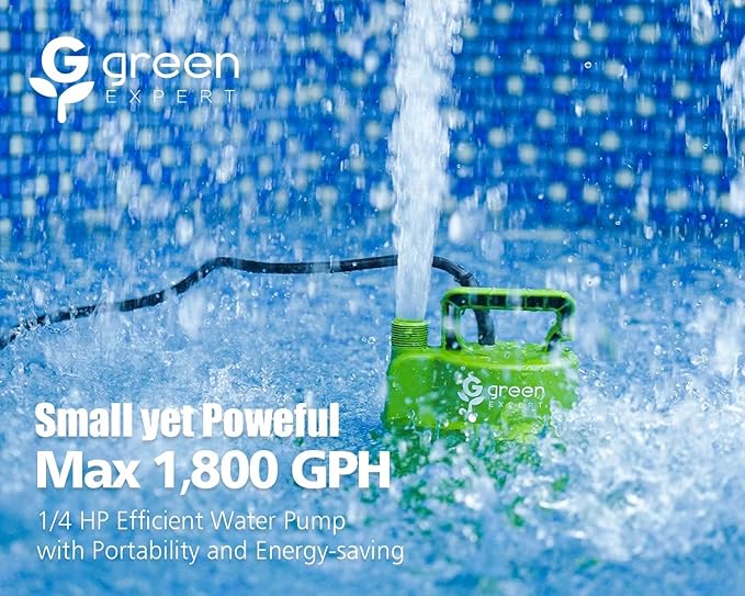 Green Expert 1/4HP Submersible Sump Pump 25-Foot Long Power Cord High Flow 1800GPH for Fast Water Removal Easy to Use in Pool Hot Tub Flooded House Drainage Household Drain Pump Suit to Garden Hoses