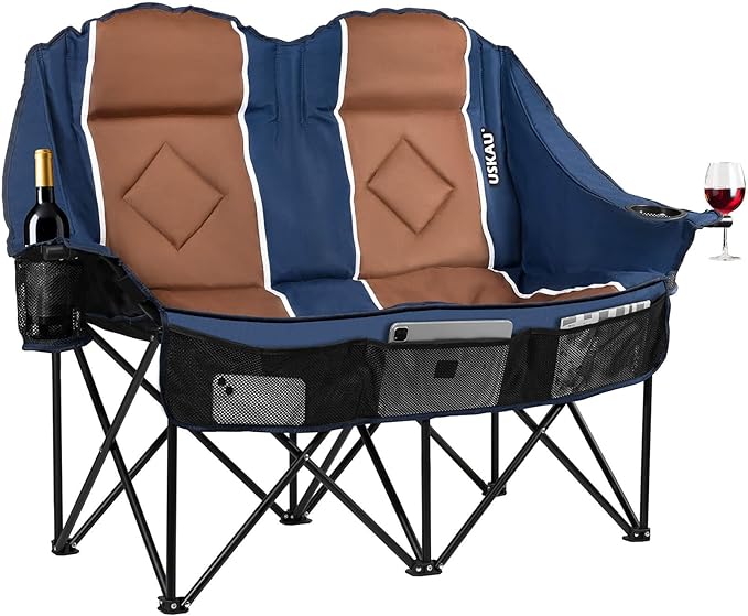 Oversized Double Camping Chair - 2 Person Portable Folding Outdoor Loveseat Heavy Duty Lawn Chairs for Adults with Padded Cushion & Dual Cup Holders, Supports 660LBS for Camping，Sports，Picnic