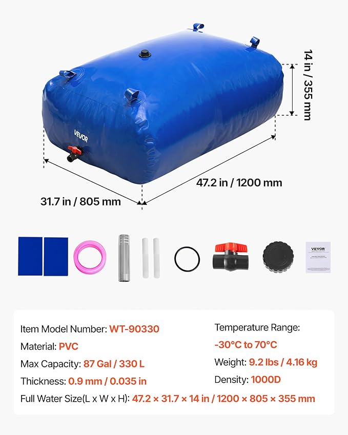 VEVOR Water Storage Bladder, 87 Gallon (330L) Water Storage Container Tank, 1000D PVC Large Capacity Soft Bag Bladder, Collapsible Portable for Garden Irrigation, Camping, RVs, Fire Prevention, Blue