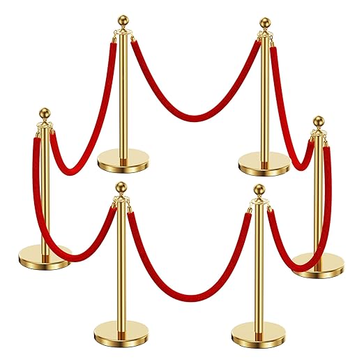 6pcs Sturdy Gold Stanchion Posts and 6pcs High Quality Red Carpet Velvet Ropes, Water/Sand/Concrete Fillable Leakproof Base, Crowd Control Barriers for Birthday, Prom, Business, Wedding