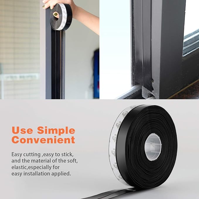 26 Feet Silicone Seal Strip, Weather Stripping for Doors and Windows, Draft Stopper Adhesive Tape for Shower Glass Gaps (Black, 45MM)