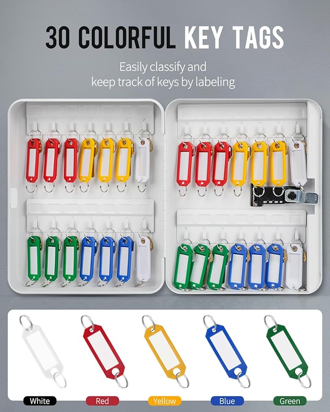 Uniclife 28-Key Steel Key Cabinet with Combination Lock Wall Mounted Key Organizer with Resettable Code White Digital Security Box with Hooks and Large Key Tag Labels Identifiers in 5 Assorted Colors
