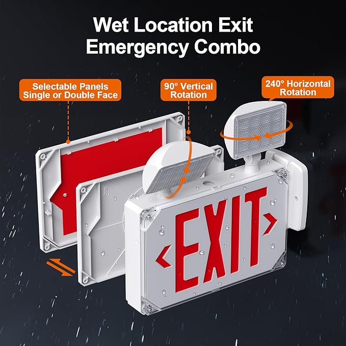 Wet Location Exit Sign with Emergency Lights,Exterior Red LED Exit Light Combo,Double Side exit Sign with Battery Backup,Outdoor Waterproof Exit Light,Adjustable Heads,120/277VAC,UL Listed (1 Pack)