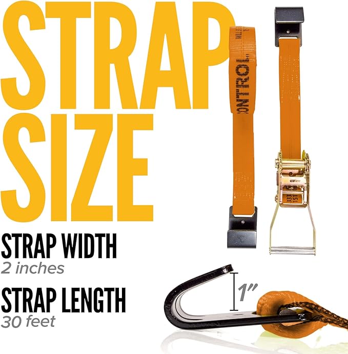 US Cargo Control Flat Hook Ratchet Strap 2 Inch X 30 Foot, 10,000 LBS Break Strength, Orange Heavy Duty Ratchet Straps with Black Flat Hooks, Tie Downs for Flatbed Trailer