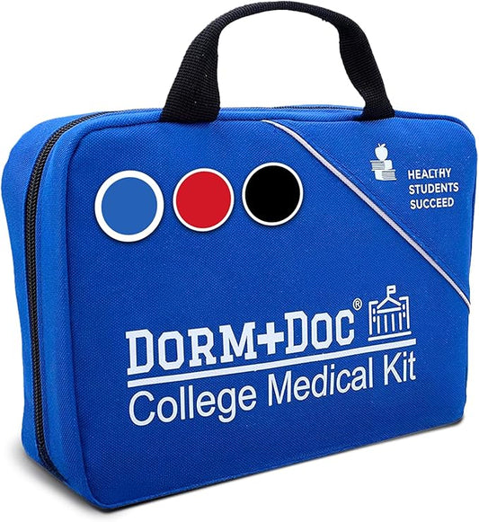 College First Aid Kit – Compact Emergency Medical Kit for Dorm Rooms, School, Sports – with Bandages, OTC Medicines for Relief, Gauze, Quick Care Set – Portable Health Kit - 175 PCS, Blue