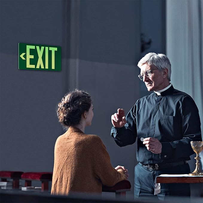 Photoluminescent Exit Sign Aluminum - Adhesive Backing Glow In The Dark - Removable Arrows Included - 12x7 Inches - Non Electrical Green Exit Light For 50 Feet Visibility (1 Pack)