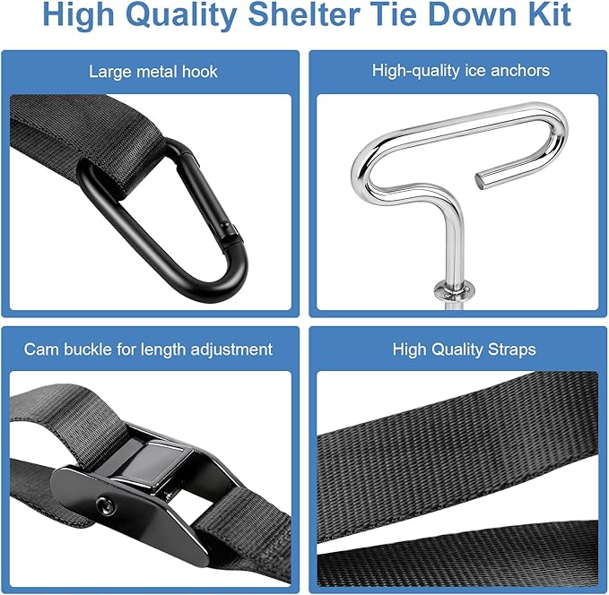 Heavy-Duty Ice Shelter Tie Down Kit with Ice Anchors and Adjustable Cam Straps – Tent Tie Down Kit for Ice Fishing Shelters, Pop Up Tents, Wind Anchoring, Outdoor Camping