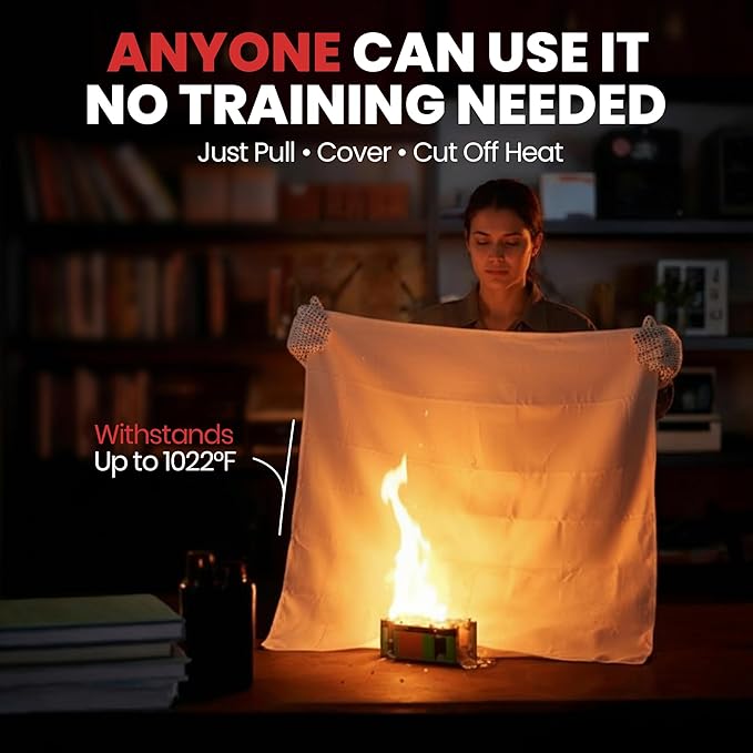 Emergency Fire Blanket 40x40 Inch - 6 Pack Fiberglass Fireblanket with Hook & Gloves | Fire Safety Blanket for Kitchen, Home, Garage, Camping