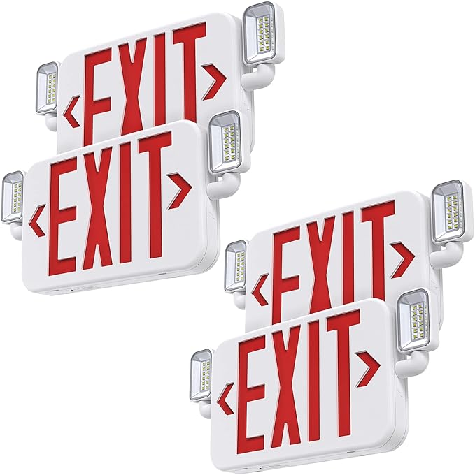 Led Combo Emergency Exit Sign Light with Two Adjustable Head Lights and Backup Battery Exit Light,US Standard Red Letter Commercial Emergency Exit Lighting,UL 924,AC120/277V (4Pack)