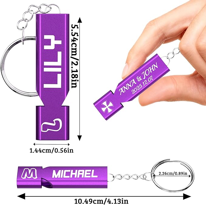 10Pcs Custom Emergency Whistles, Personalized Aluminum Safety Survival Whistle with Keychain, Engraved Name or Logo, Double Tube High Pitch for Outdoor Camping, Hiking, Boating, Fishing