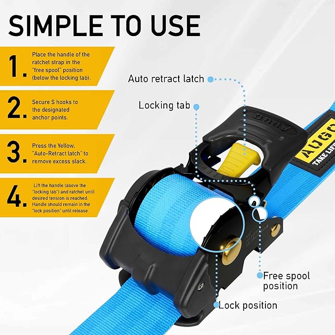 AUGO Retractable Ratchet Straps | 2 Heavy Duty Ratchet Straps Self Retractable Tie Downs with Soft Loops & Storage Bag for Motorcycle, Truck, Trailer, Cargo Van | 3000 Lb Break Strength 2” x 10’