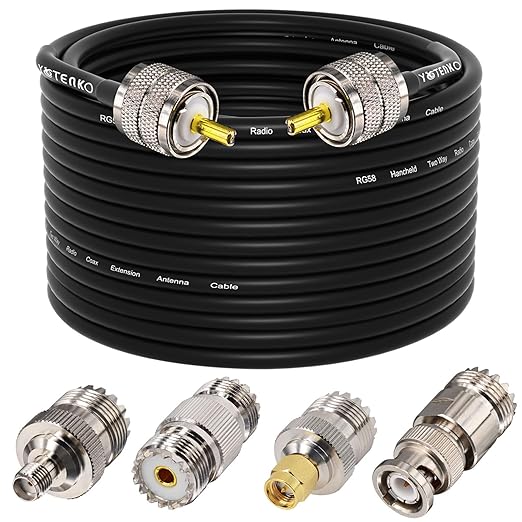 Ham Radio Coax Cable 50 Ohm, RG58 Coaxial Cable 60FT, PL259 Male to Male Coax + UHF SO239 Female to SMA/UHF/BNC Adapter 4-Pack,for CB,Amateur,Ham Radio
