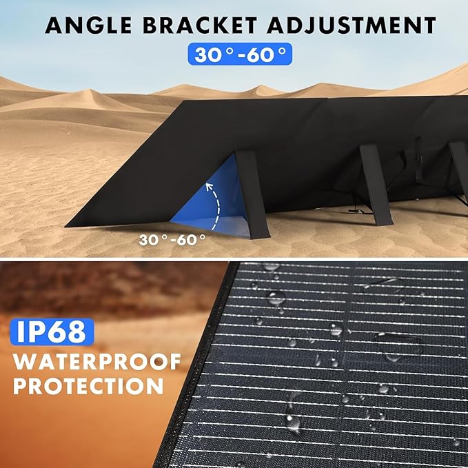 600W Portable Solar Panel, 48V Foldable Solar Panel 25% High Efficiency IP68 Waterproof with 10ft 4-in-1 Cable and 10×DC Adapter, Adjustable Kickstand for Power Station Camping RV