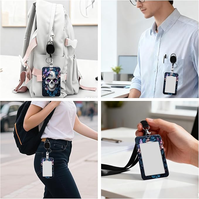 ID Badge Holder with Retractable Lanyard for Women & Men,Vertical ID Card Holder Wallet,Clear Window&Card Slot,Detachable Neck Strap for Nurse Teacher Office,Butterfly Sugar Skull