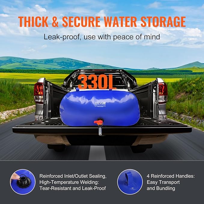 VEVOR 330L/87.17 Gallon Water Storage Bladder, RV Water Tank, 1000D Blue PVC Collapsible Water Storage Containers, Large Capacity Soft Water Bag, Portable Water Bladder, for Garden Irrigation, Camping