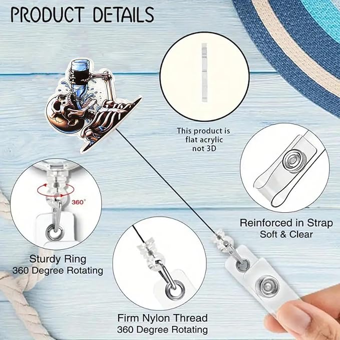 Funny Drink Water Skull Badge Reel Blue Acrylic Alligator Badge Clip Nurse Doctor Name Tag ID Card Accessories Skull Badge Holder for RN CNA LPN Nursing Medical Worker | with 24” Durable Nylon Cord