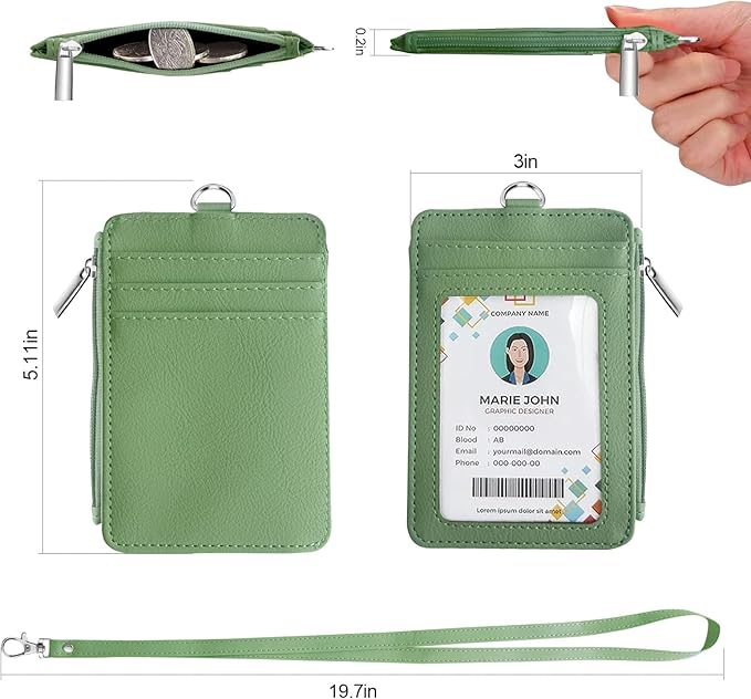 bolimoss 2-in-1 ID Badge Holder & Lanyard Wallet, Leather ID Name Badge with Side Zip Pocket for Teacher, Student, Women Small Wallet with Removable Neck Lanyard, Clear Window, 5 Card Slots,Lime Green