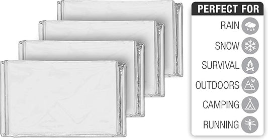 Swiss Safe 4 Pack Mylar Emergency Blankets for Survival - Compact & Insulated for Cold Weather - Designed for NASA, Outdoor, Running, Camping, Survival, First Aid Car Kit - Silver, 4 Pack