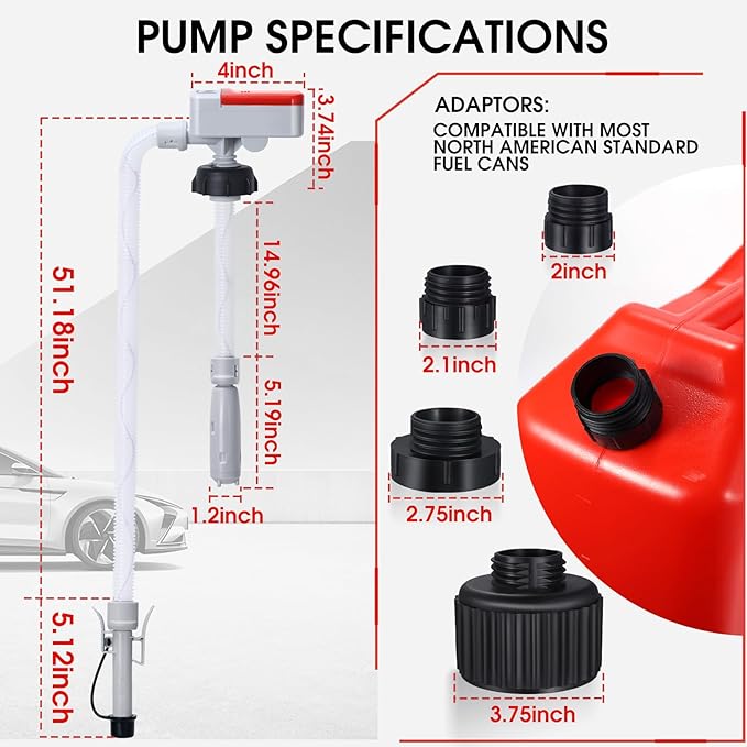 Fuel Transfer Pump with Auto-Stop Sensor-3.2GPM,Overfill Protection, 30s Alert Beep,51"Hose Transfer Pump Battery Powered with 4 Tank Adapter,Portable Liquid Pump with Nozzle for Gasoline,Diesel,Oil